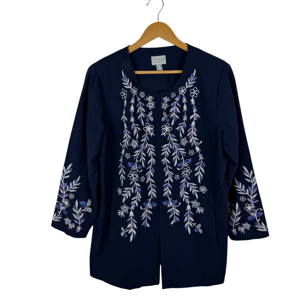 Susan Graver Navy Floral Embroidered Blazer Jacket‎ Medium Boho Layering Classic